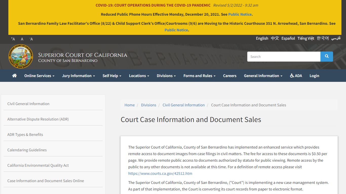 Court Case Information and Document Sales | Superior Court of California